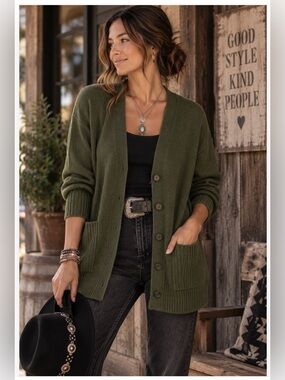 Splendid Olive Green Cardigan XL Button Front Pockets Boho Western